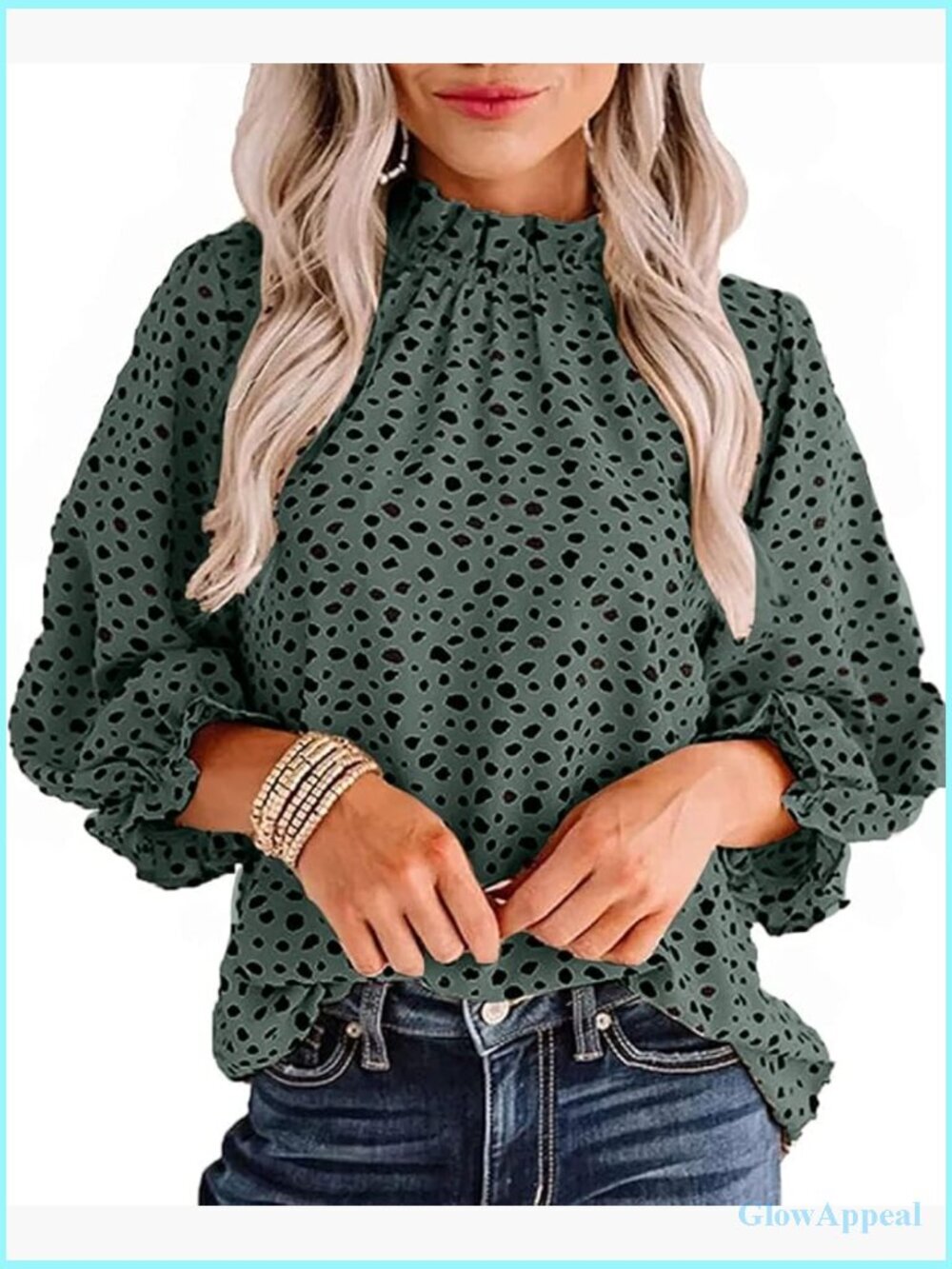Women Polka Dot Long Sleeve Blouse Mock Neck Ruffle Top